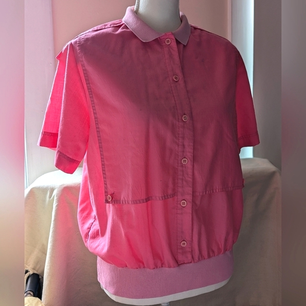 Vintage Unique Bright Pink Short Sleeved Tee-shirt Blouse Buttons Collar Med/Lg